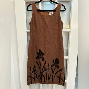 Vintage Adrianna Papell Brown Linen Shift Dress Embroidered Black Floral Size 8